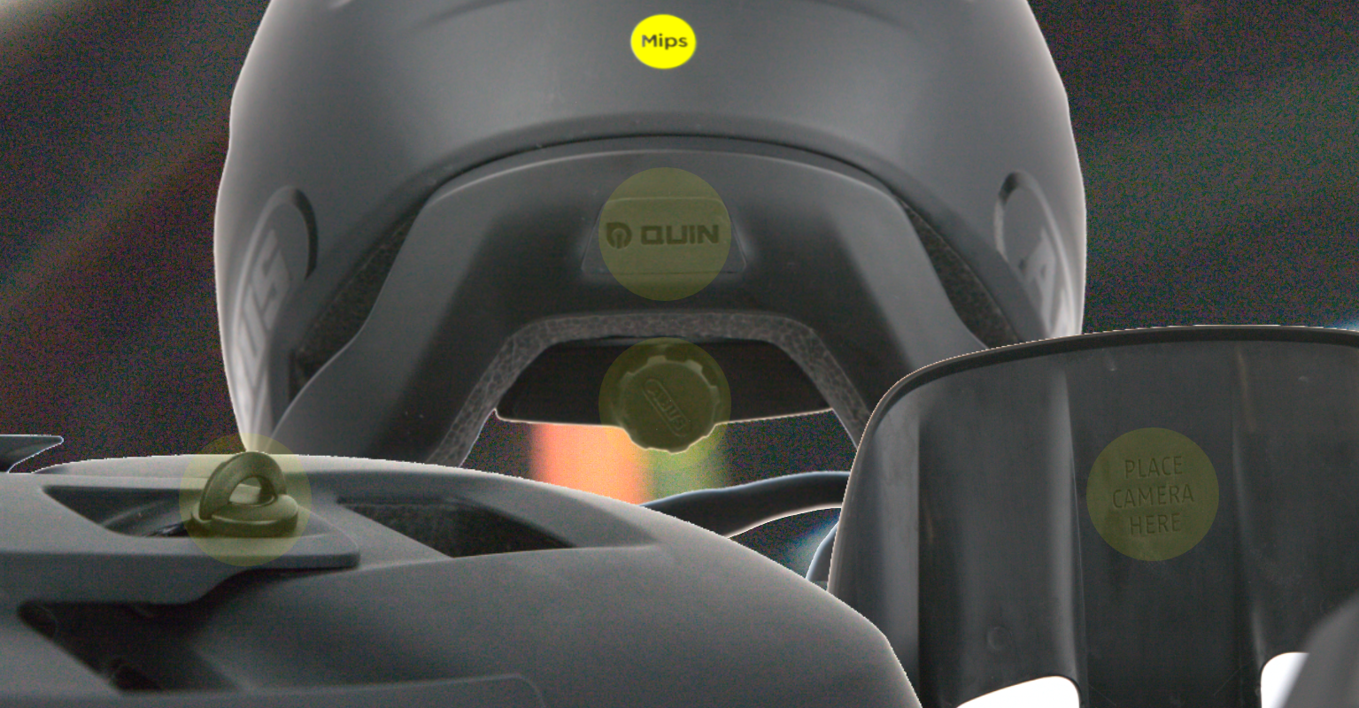 Détails du casque AirDrop MIPS Abus : système réglage visière - technologie MIPS - emplacement QUIN - molette serrage occipital - emplacement caméroa